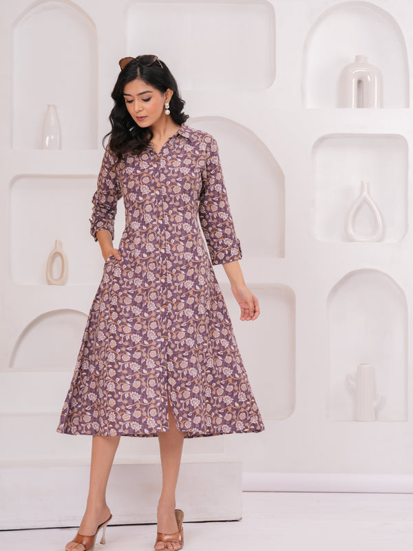Royal Purple Cotton Kantha Printed A-Line Kurta – Chic Collared Midi