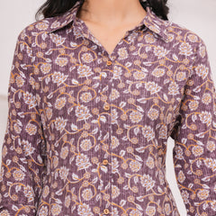 Royal Purple Cotton Kantha Printed A-Line Kurta – Chic Collared Midi