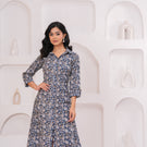 Elegant Grey Cotton Kantha A-Line Kurta – Buttoned Flared Midi Style
