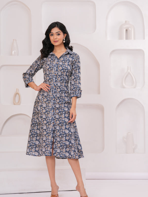 Elegant Grey Cotton Kantha A-Line Kurta – Buttoned Flared Midi Style