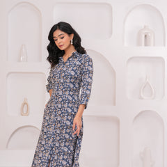 Elegant Grey Cotton Kantha A-Line Kurta – Buttoned Flared Midi Style