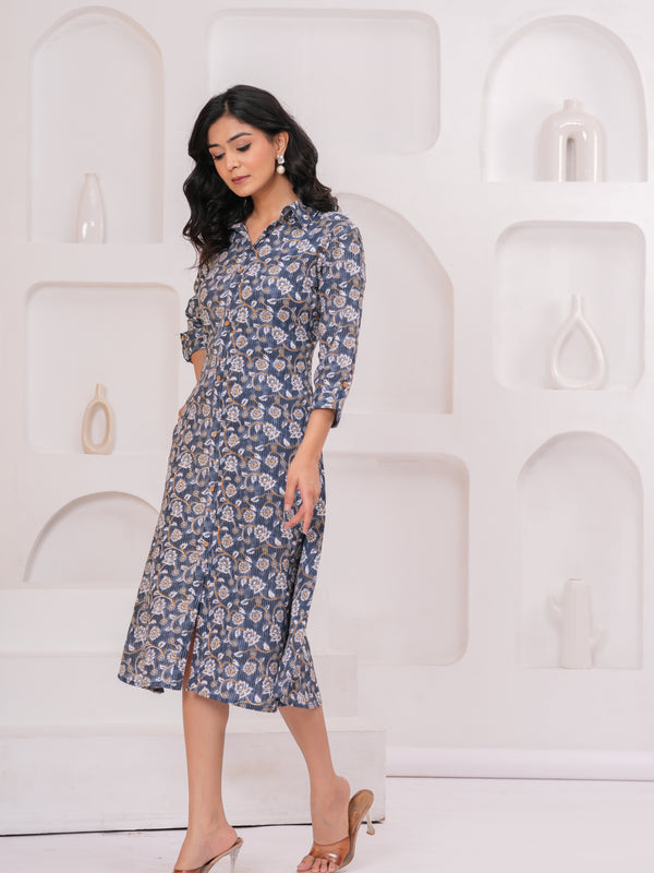 Elegant Grey Cotton Kantha A-Line Kurta – Buttoned Flared Midi Style