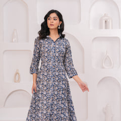 Elegant Grey Cotton Kantha A-Line Kurta – Buttoned Flared Midi Style