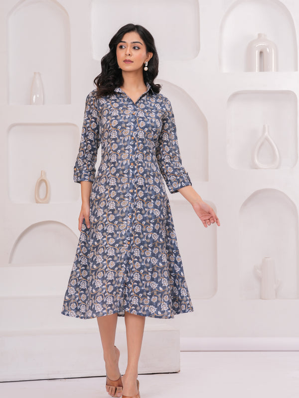 Elegant Grey Cotton Kantha A-Line Kurta – Buttoned Flared Midi Style