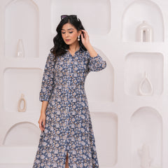 Elegant Grey Cotton Kantha A-Line Kurta – Buttoned Flared Midi Style