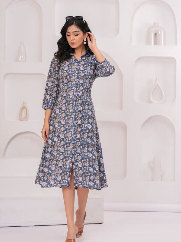 Elegant Grey Cotton Kantha A-Line Kurta – Buttoned Flared Midi Style