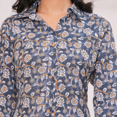 Elegant Grey Cotton Kantha A-Line Kurta – Buttoned Flared Midi Style