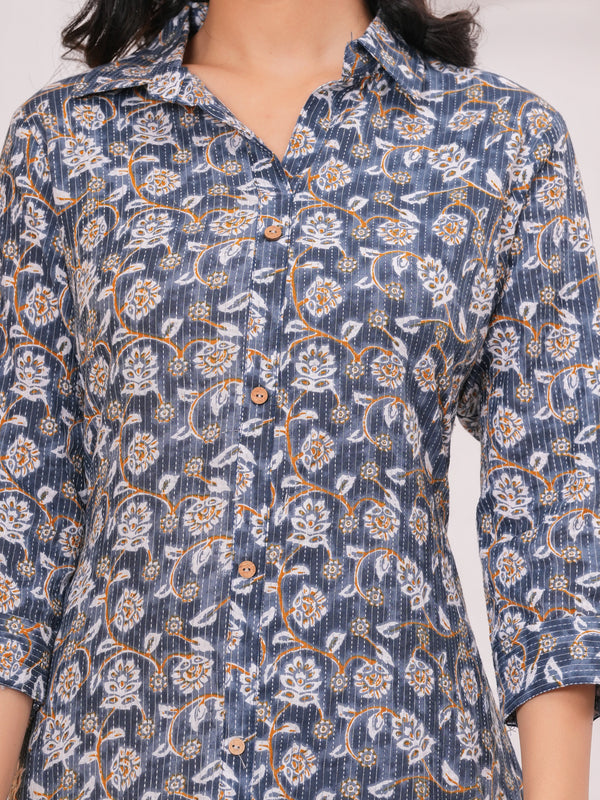 Elegant Grey Cotton Kantha A-Line Kurta – Buttoned Flared Midi Style