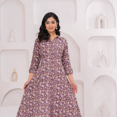 Royal Purple Cotton Kantha Printed A-Line Kurta – Chic Collared Midi