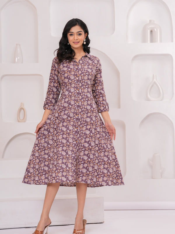 Royal Purple Cotton Kantha Printed A-Line Kurta – Chic Collared Midi