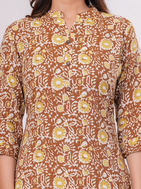 Yellow Blossom Katha Cotton Kurta for Daily Comfort