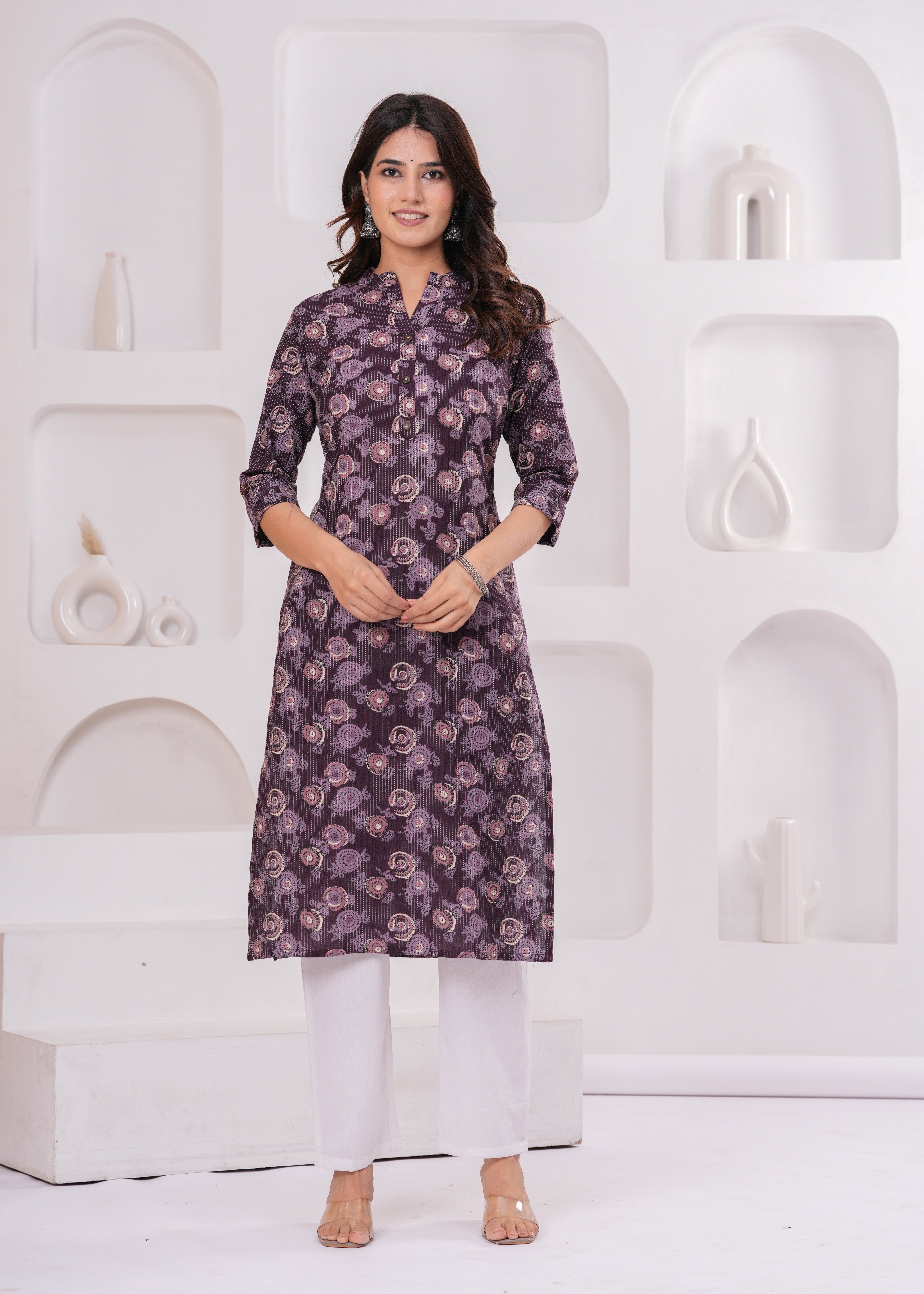 Elegant Purple Katha Print Straight Kurta for Women | Pure Cotton