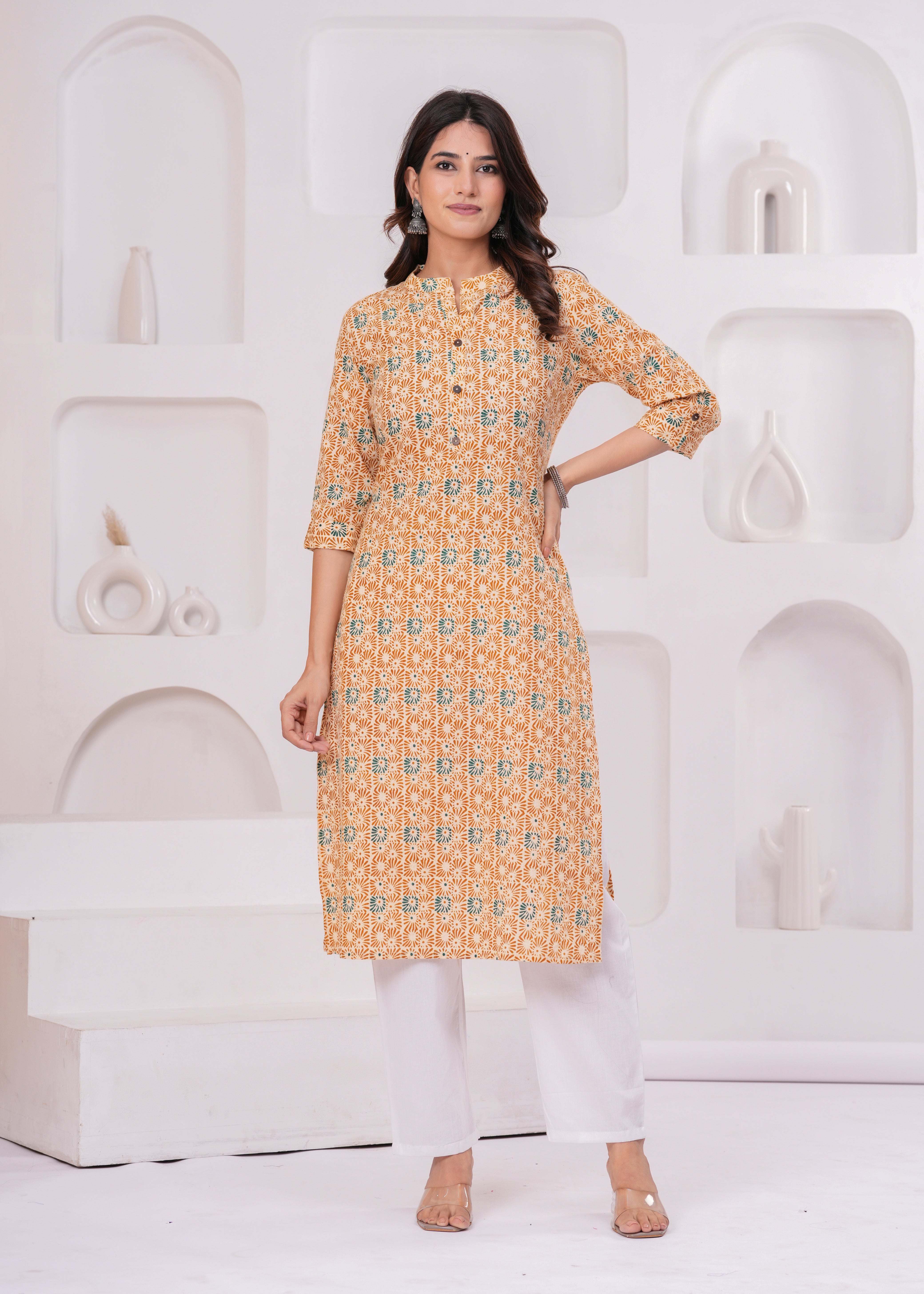 Stylish Yellow Katha Print Long Kurta – Breathable Cotton