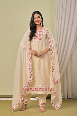 IndoLady Ivory Pink Schiffli Cotton Straight Suit Set with Traditional Elephant Print