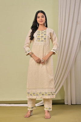 IndoLady Ivory Green Schiffli Cotton Straight Suit Set with Elephant Motif Dupatta