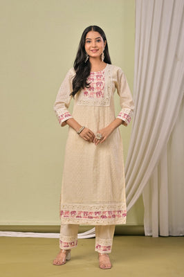 IndoLady Ivory Pink Schiffli Cotton Straight Suit Set with Traditional Elephant Print