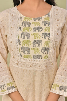 IndoLady Ivory Green Schiffli Cotton Straight Suit Set with Elephant Motif Dupatta