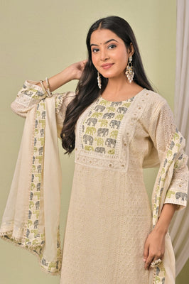 IndoLady Ivory Green Schiffli Cotton Straight Suit Set with Elephant Motif Dupatta