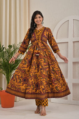 IndoLady Golden Mustard Floral Printed Festive Suit Set