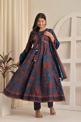 IndoLady Indigo Grace Handcrafted Cotton Anarkali Suit Set