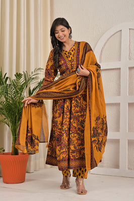 IndoLady Golden Mustard Floral Printed Festive Suit Set