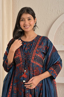 IndoLady Indigo Grace Handcrafted Cotton Anarkali Suit Set