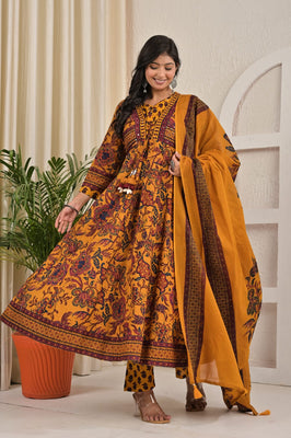 IndoLady Golden Mustard Floral Printed Festive Suit Set