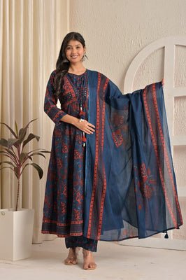 IndoLady Indigo Grace Handcrafted Cotton Anarkali Suit Set