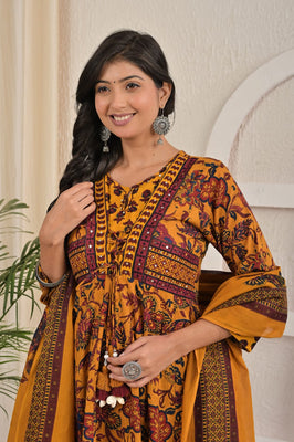 IndoLady Golden Mustard Floral Printed Festive Suit Set