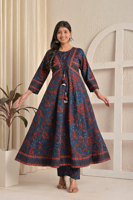 IndoLady Indigo Grace Handcrafted Cotton Anarkali Suit Set