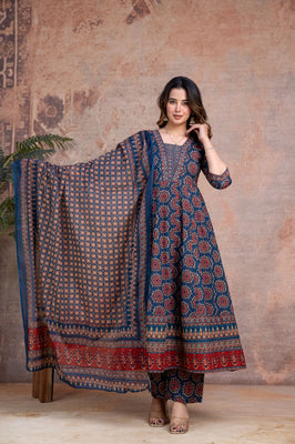 Neelika Heritage Blue Cotton Anarkali Suit Set with Printed Dupatta