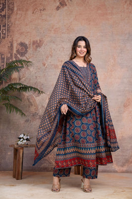 Neelika Heritage Blue Cotton Anarkali Suit Set with Printed Dupatta