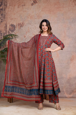 Rangrez Ruby Red Cotton Anarkali Suit Set with Traditional Motifs