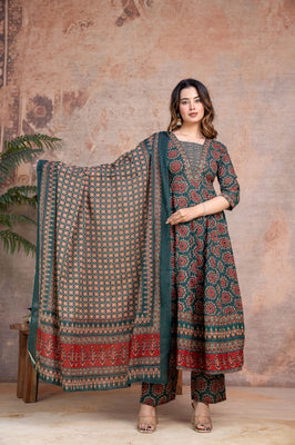 Mehendi Aura Green Cotton Anarkali Suit Set with Ethnic Prints