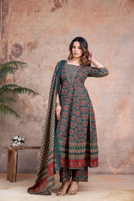 Mehendi Aura Green Cotton Anarkali Suit Set with Ethnic Prints