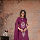 Wine Grace Sleeveless Cotton A-line Suit Set with Embroidered Dupatta