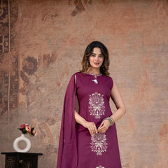 Wine Grace Sleeveless Cotton A-line Suit Set with Embroidered Dupatta