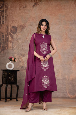 Wine Grace Sleeveless Cotton A-line Suit Set with Embroidered Dupatta
