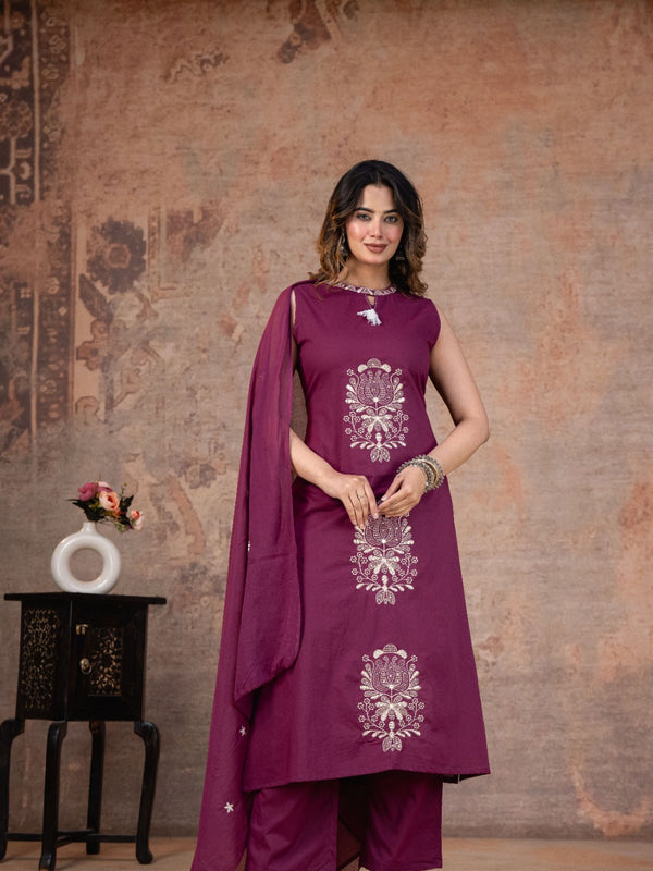 Wine Grace Sleeveless Cotton A-line Suit Set with Embroidered Dupatta