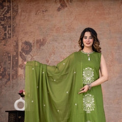 Olive Bloom Sleeveless Cotton A-line Suit Set with Elegant Dupatta