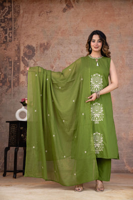 Olive Bloom Sleeveless Cotton A-line Suit Set with Elegant Dupatta