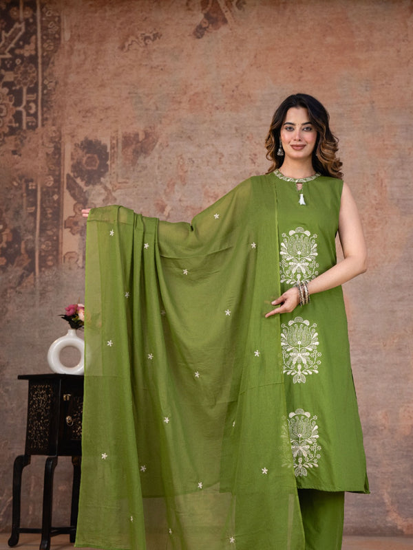 Olive Bloom Sleeveless Cotton A-line Suit Set with Elegant Dupatta