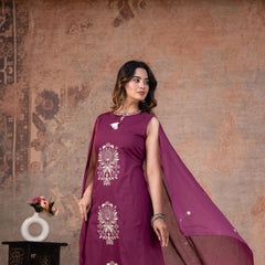 Wine Grace Sleeveless Cotton A-line Suit Set with Embroidered Dupatta