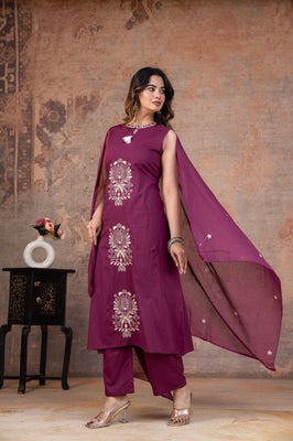 Wine Grace Sleeveless Cotton A-line Suit Set with Embroidered Dupatta
