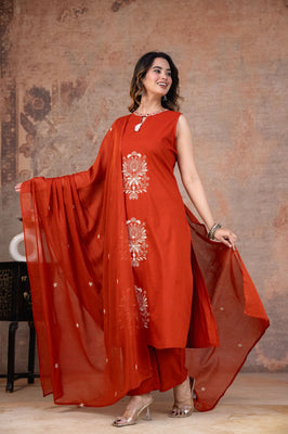 Rust Aura Sleeveless Cotton A-line Suit Set with Handcrafted Motifs
