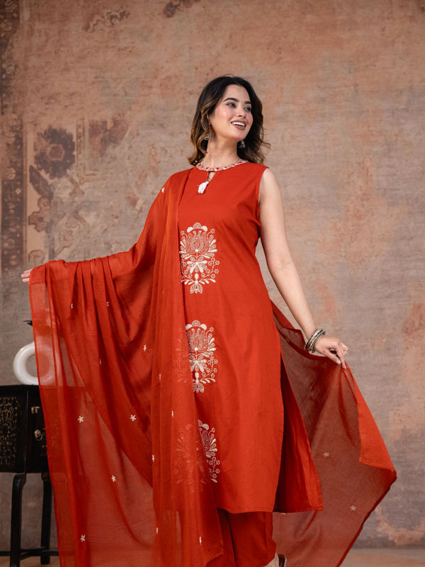 Rust Aura Sleeveless Cotton A-line Suit Set with Handcrafted Motifs