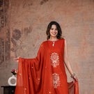 Rust Aura Sleeveless Cotton A-line Suit Set with Handcrafted Motifs