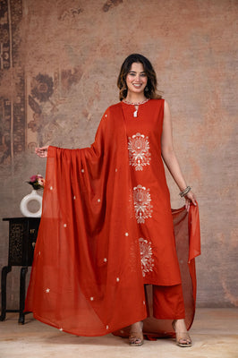 Rust Aura Sleeveless Cotton A-line Suit Set with Handcrafted Motifs