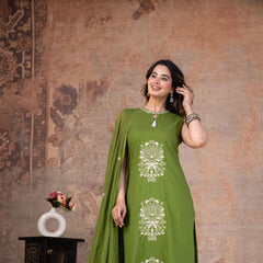 Olive Bloom Sleeveless Cotton A-line Suit Set with Elegant Dupatta