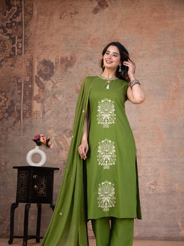 Olive Bloom Sleeveless Cotton A-line Suit Set with Elegant Dupatta